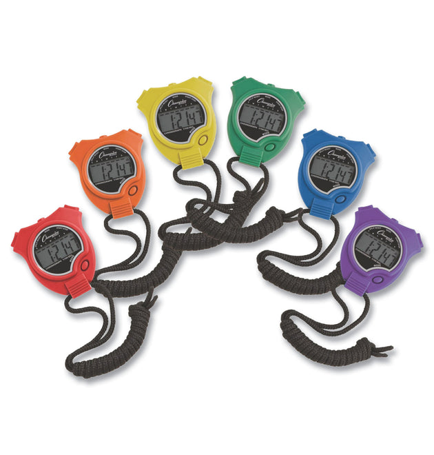 Water-Resistant Stopwatches, Accurate to 1/100 Second, Assorted Colors, 6/Box