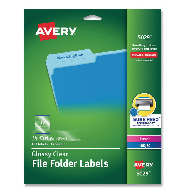 Clear Permanent File Folder Labels with Sure Feed Technology, 0.66 x 3.44, Clear, 30/Sheet, 15 Sheets/Pack