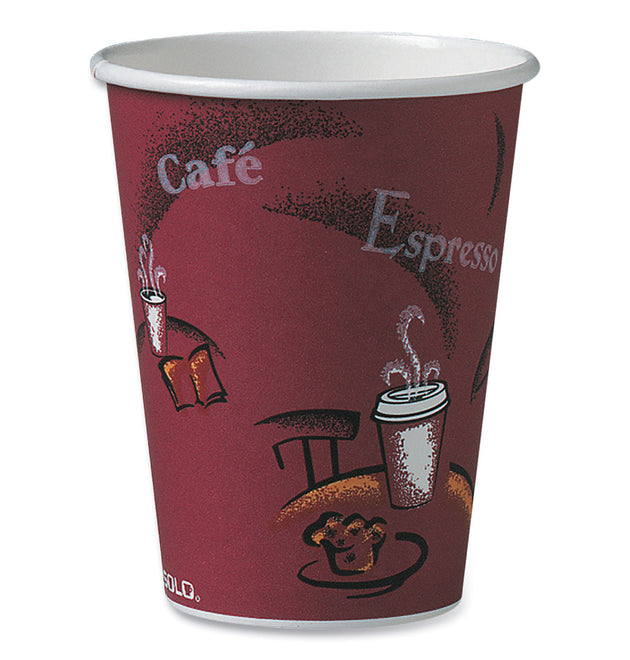 Paper Hot Drink Cups in Bistro Design, 12 oz, Maroon, 50/Pack