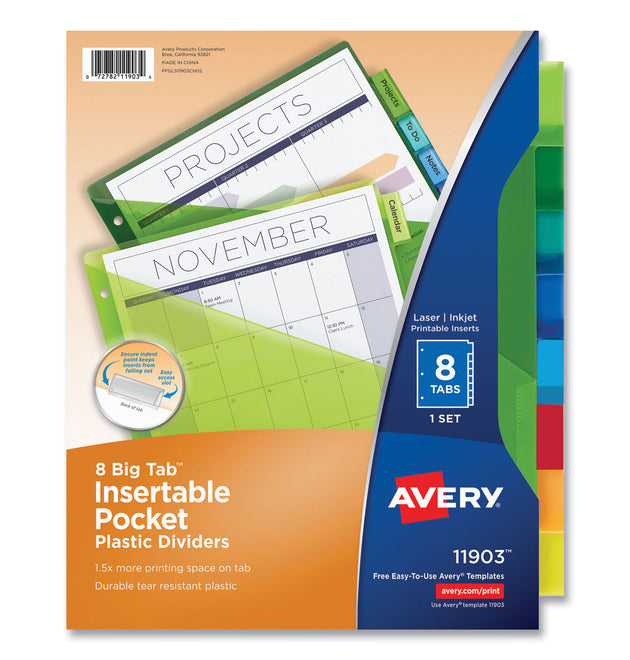 Insertable Big Tab Plastic 1-Pocket Dividers, 8-Tab, 11.13 x 9.25, Assorted, 1 Set