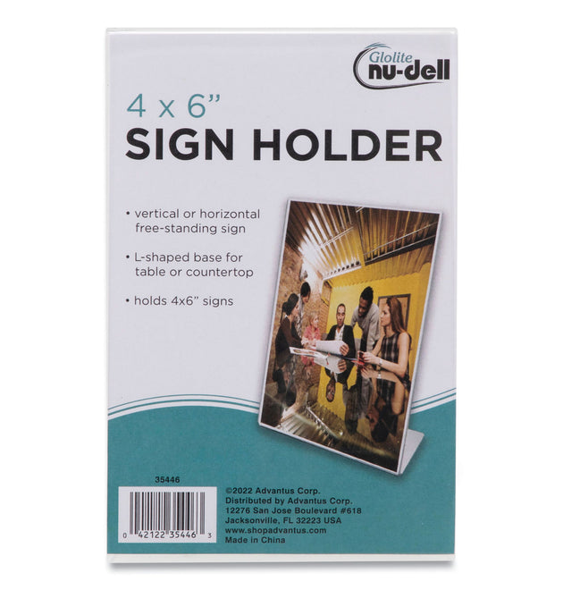 Clear Plastic Slanted L-Shaped Countertop Sign Holder, Side-Load, Horizontal/Vertical Orientation, 4 x 6 Insert