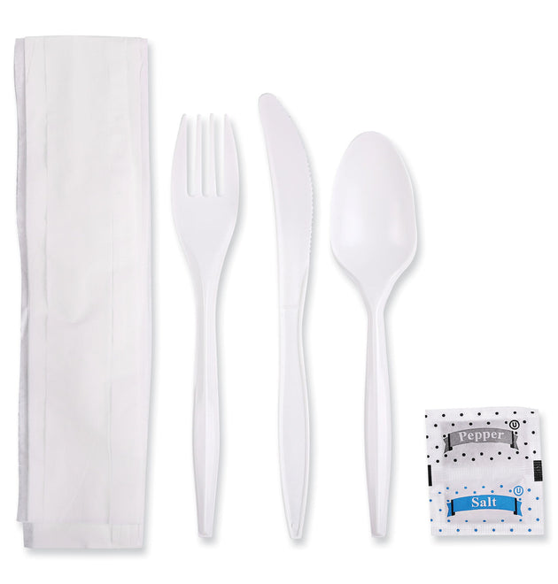 Cutlery Kit, Plastic Fork/Spoon/Knife/Salt/Polypropylene/Napkin, White, 250/Carton