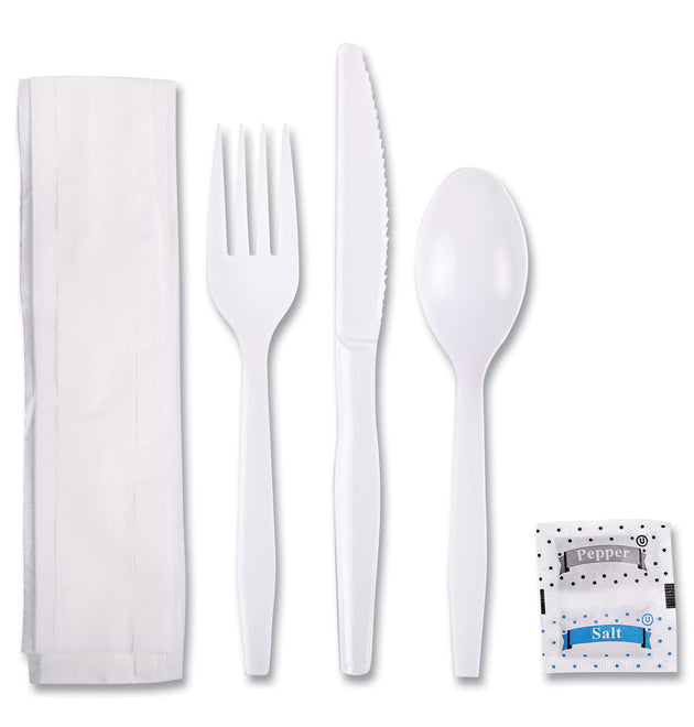 Six-Piece Cutlery Kit, Condiment/Fork/Knife/Napkin/Teaspoon, White, 250/Carton