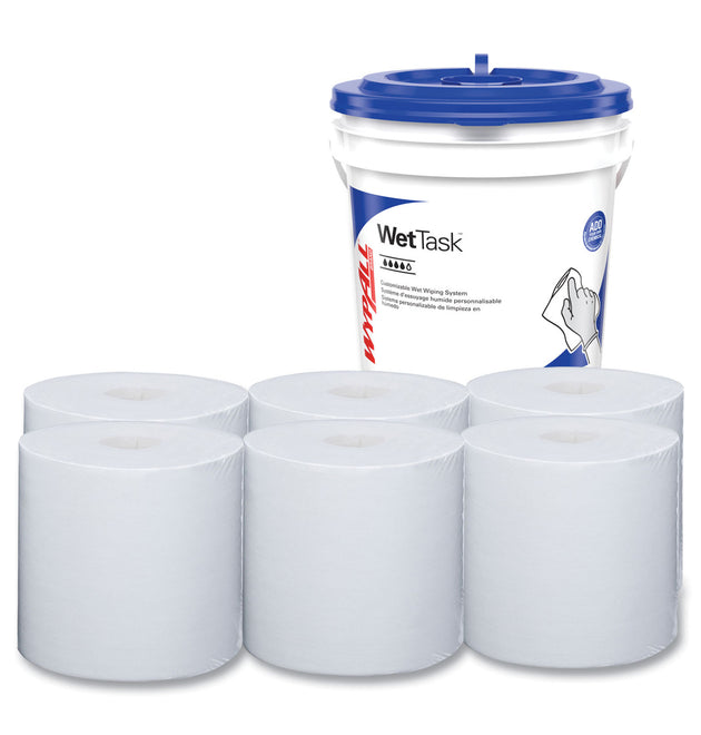 Critical Clean Wipers for Bleach, Disinfectants, Sanitizers WetTask Customizable Wet Wiping System, w/Bucket,140/Roll, 6/CT