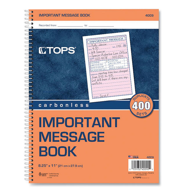 Telephone Message Book with Fax/Mobile Section, Two-Part Carbonless, 3.88 x 5.5, 4 Forms/Sheet, 400 Forms Total