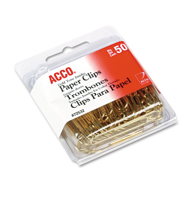 Gold Tone Paper Clips, Jumbo, Smooth, Gold, 50/Box