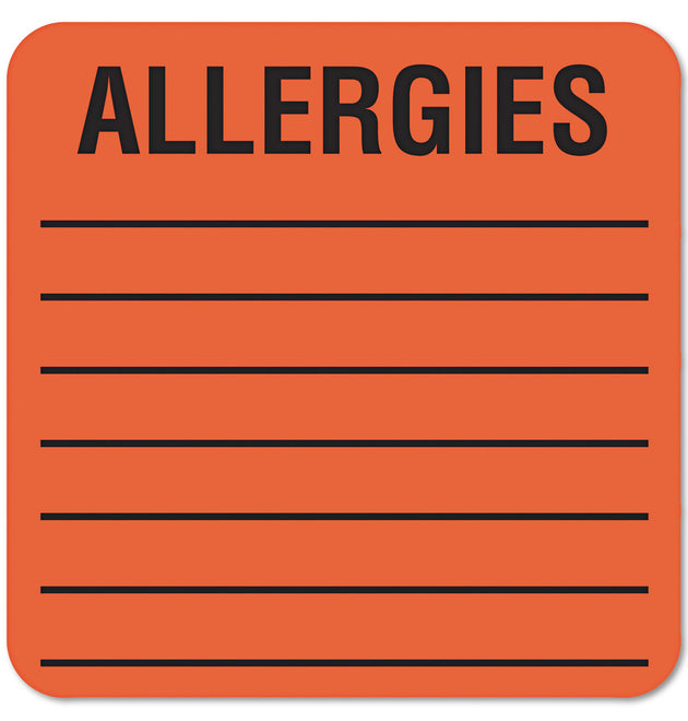 Allergy Warning Labels, ALLERGIES, 2 x 2, Fluorescent Red, 500/Roll