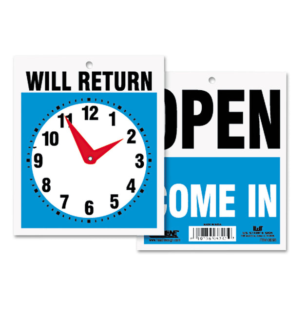 Double-Sided Open/Will Return Sign with Clock Hands, Plastic, 7.5 x 9