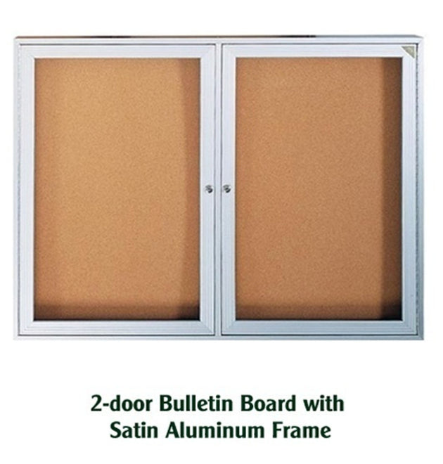 2 Door Enclosed Natural Cork Bulletin Board with Satin Frame (36