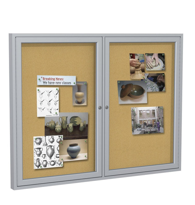 2 Door Enclosed Natural Cork Bulletin Board with Satin Frame (48